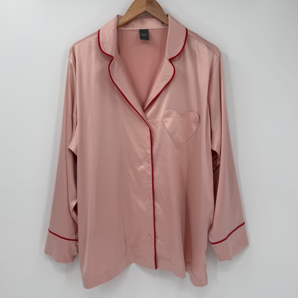 NWOT Savage X Fenty Satin Ever After Sleep Shirt Pink 1X Heart Pocket